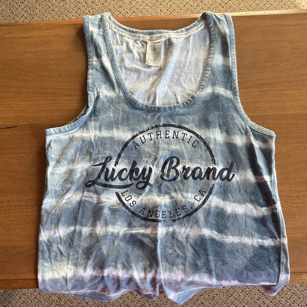 Vintage Lucky Brand Y2K Blue and White Tie-Dyed Tank Top - Size L